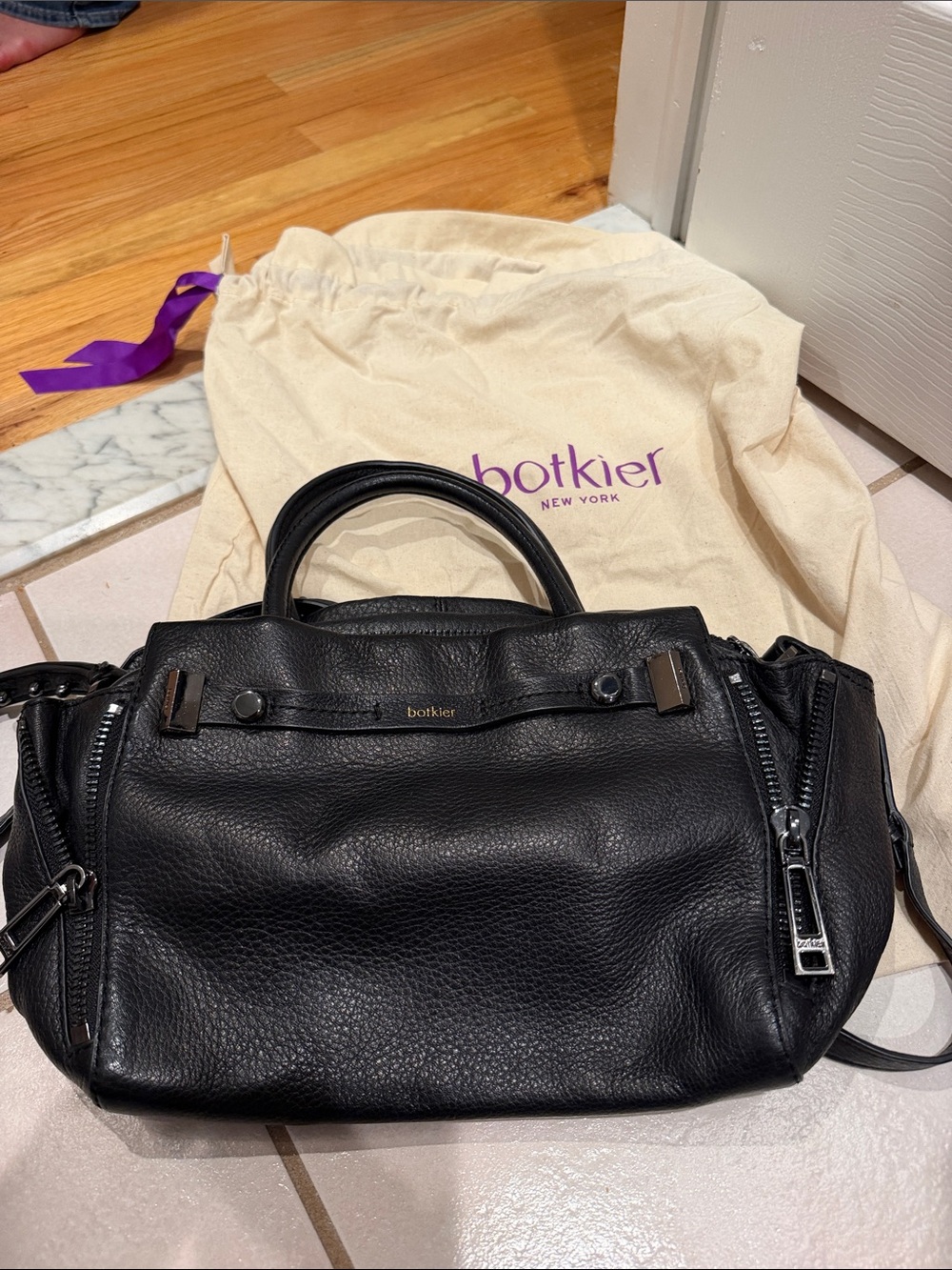 Botkier Black Pebbled Leather Satchel with Zip Accents